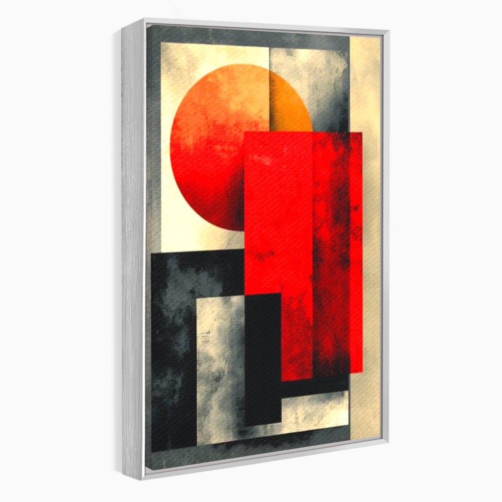 Tablou canvas cu tablou abstract geometric cu soare rosu, in rama de aluminiu argintiu